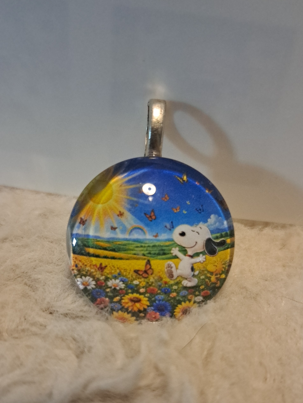 Hand crafted Cartoon Dog Sunflower Field Glass Tile Pendant Necklace